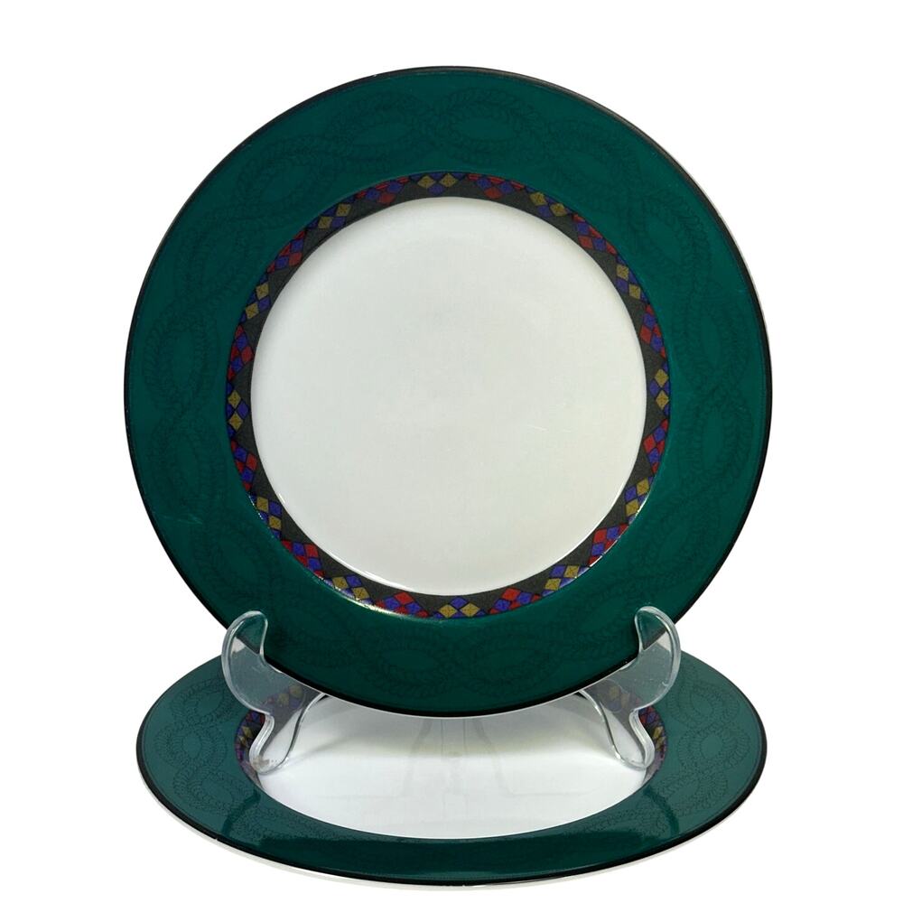 Dansk Portugal Retired 1993-1998 'Quiltings Emerald Braid' 9" Salad Plate-Set 2